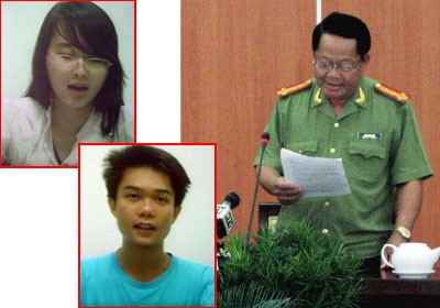 Nguyen Phuong Uyen (white shirt) and Dinh Nguyen Kha (blue shirt) are both in police custody (Photo: SGGP) Nguyen Phuong Uyen (white shirt) and Dinh Nguyen Kha (blue shirt) are both in police custody (Photo: SGGP)